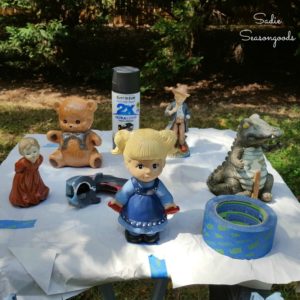 3 figurines from thrift stores to be painted black as creepy Halloween decor Sadie Seasongoods 1