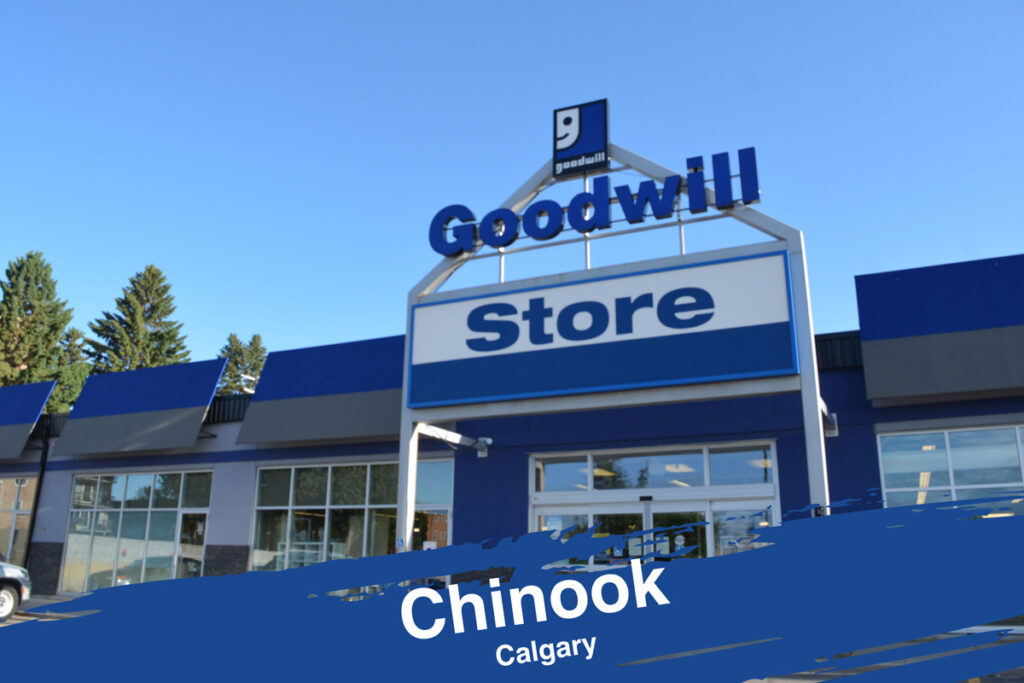 Calgary Chinook Goodwill Thrift Store & Donation Centre exterior entrance doors.