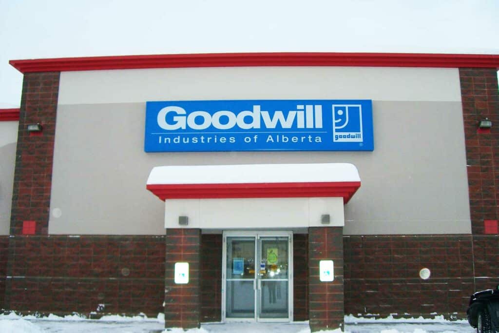 Grande Prairie Goodwill Thrift Store & Donation Centre exterior entrance doors.