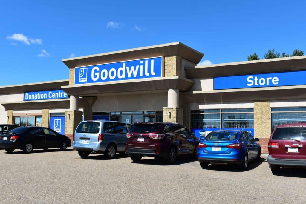 Edmonton Manning Crossing Goodwill Thrift Store & Donation Centre exterior entrance doors.