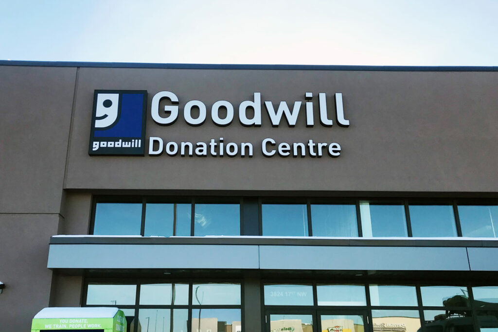 Edmonton Meadows Goodwill Donation Centre exterior entrance doors.