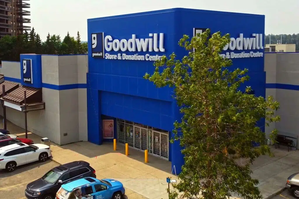 Calgary Plaza Goodwill Thrift Store & Donation Centre exterior entrance doors.