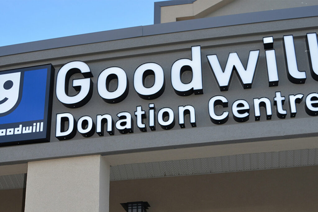 Edmonton Riverbend Goodwill Donation Centre exterior entrance doors.