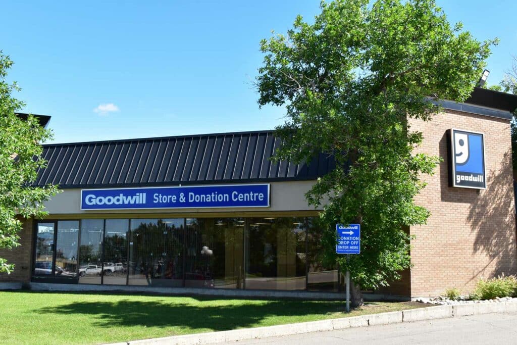 Sherwood Park Goodwill Thrift Store & Donation Centre exterior entrance doors.