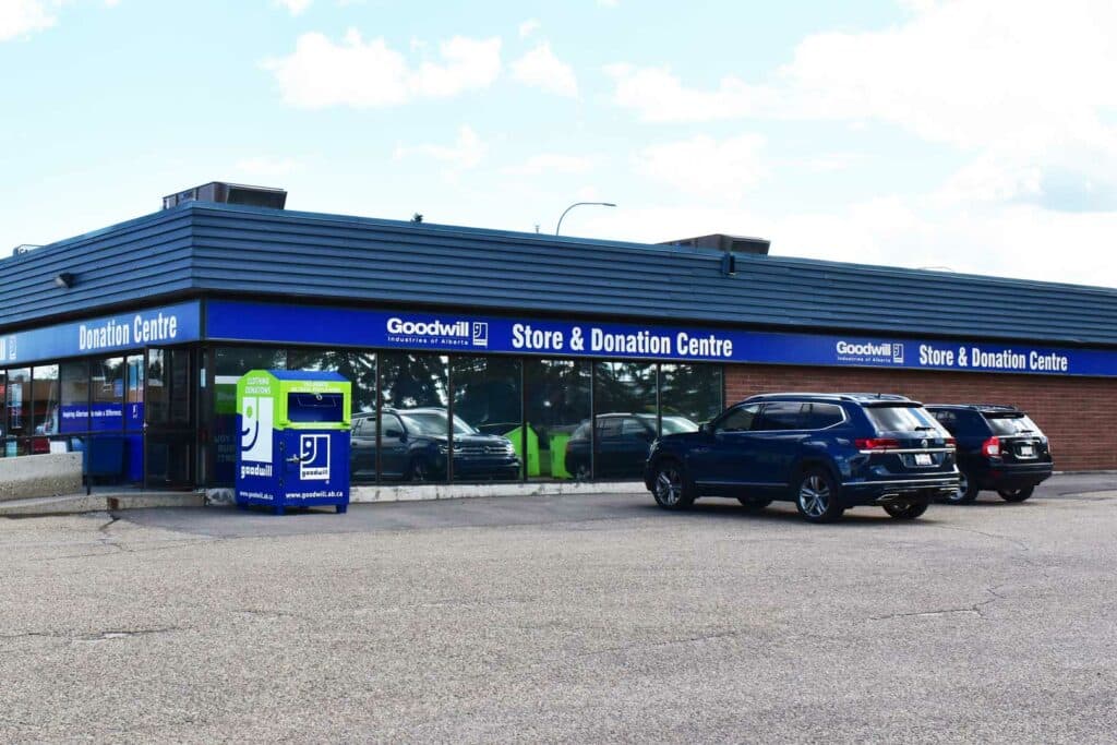 Spruce Grove Goodwill Donation Centre & Thrift Store exterior entrance doors.