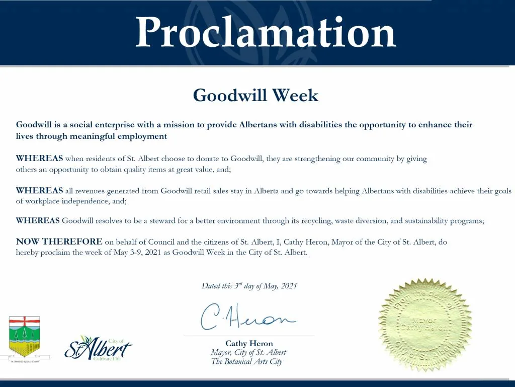 For Goodwill Week, We THANK you! 9 St Albert Proclamation 2021 1024x769 1