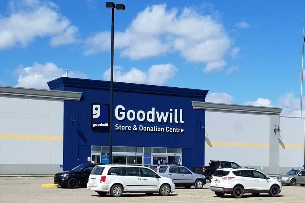 Goodwill St. Albert Thrift Store exterior entrance doors.