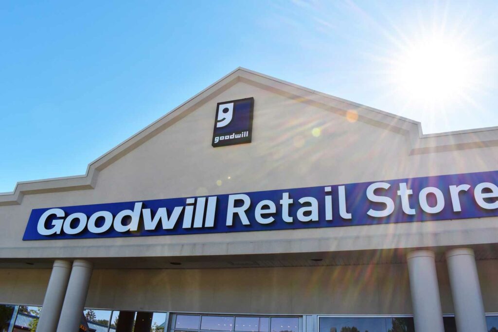 Calgary Varsity Goodwill Thrift Store & Donation Centre exterior entrance doors.