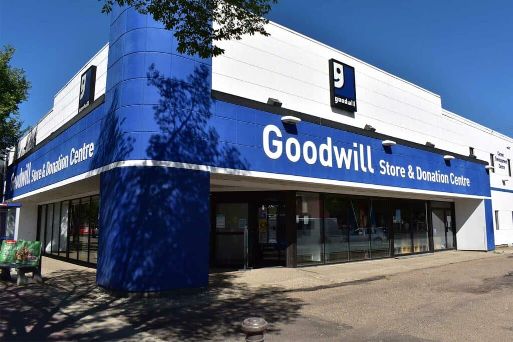 Edmonton Whyte Ave. Goodwill Thrift Store & Donation Centre exterior entrance doors.