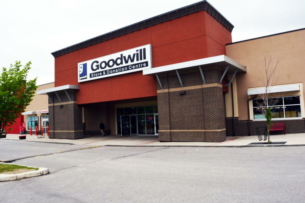 Calgary Beacon Heights Goodwill Thrift Store and Donation Centre exterior entrance doors.