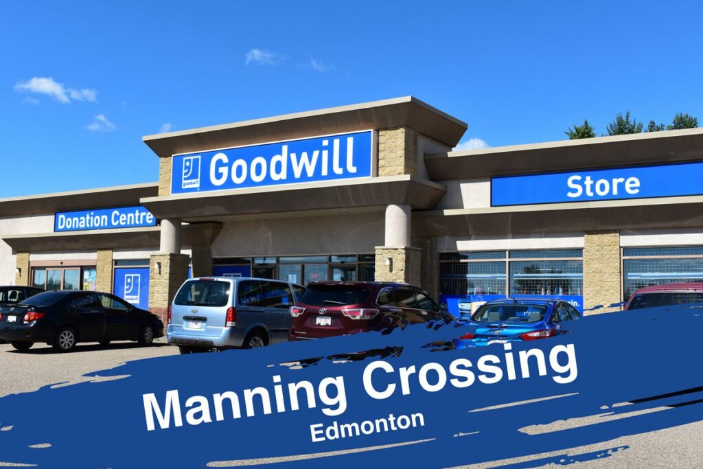Edmonton Manning Crossing Goodwill Thrift Store & Donation Centre exterior entrance doors.