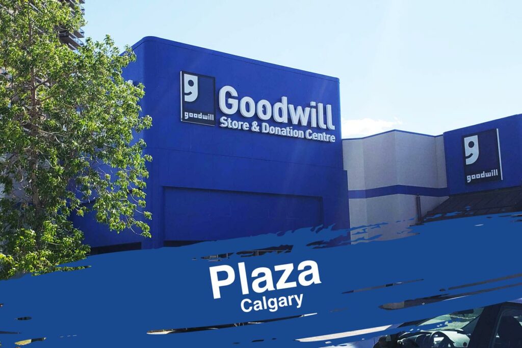 Calgary Plaza Goodwill Thrift Store & Donation Centre exterior entrance doors.