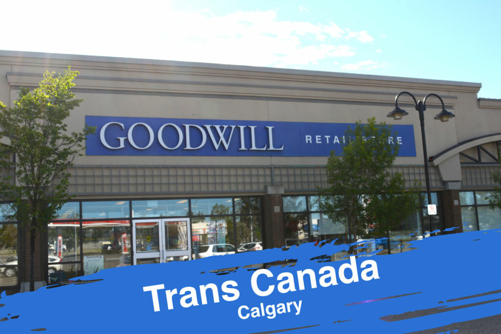 Calgary Trans Canada Goodwill Thrift Store & Donation Centre exterior entrance doors.