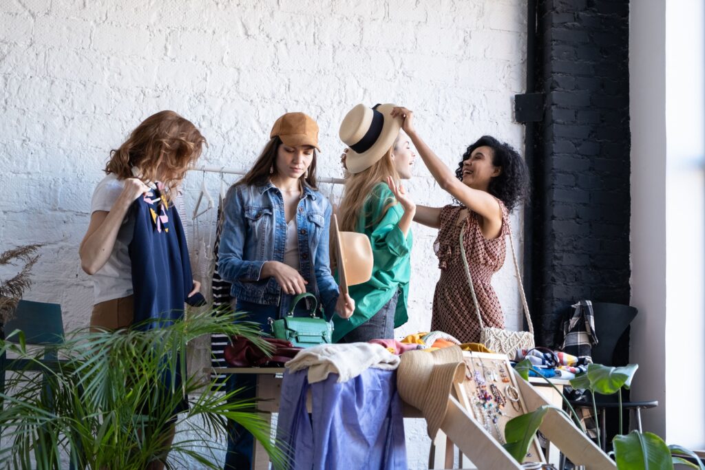 Group of friends thrift store shopping in Edmonton