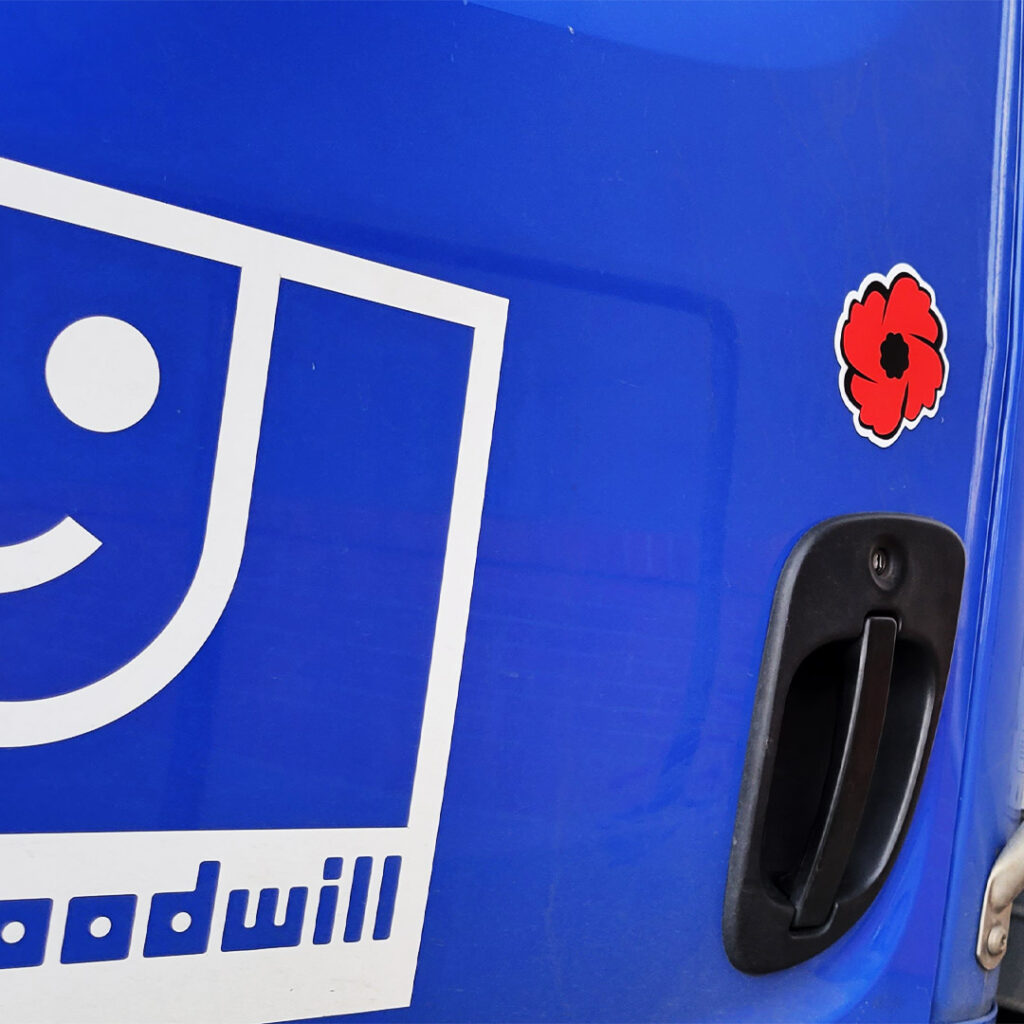 Poppy's on Goodwill Trucks for Remembrance Day. We Remember.