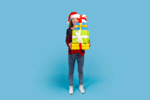 Girl with Christmas thrift gifts in Edmonton