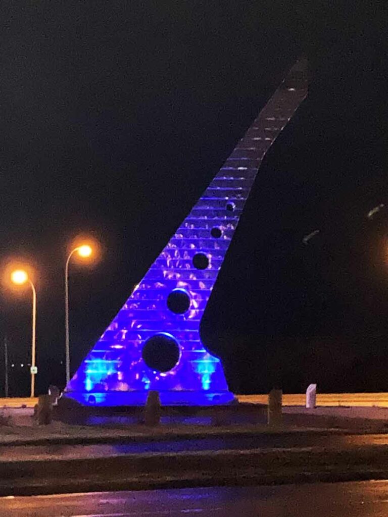 Goodwill Week 2023 39 Sundial in Grande Prairie lit blue for Goodwill Week