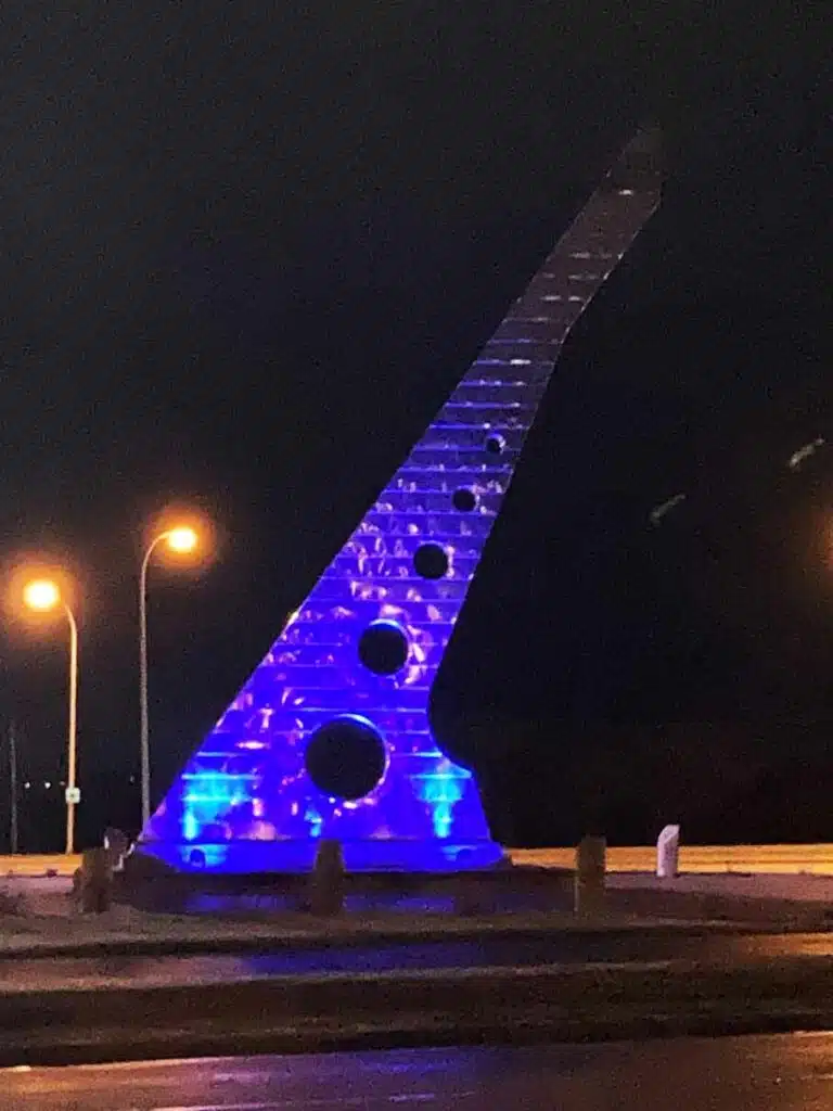 Sundial in Grande Prairie lit blue for Goodwill Week