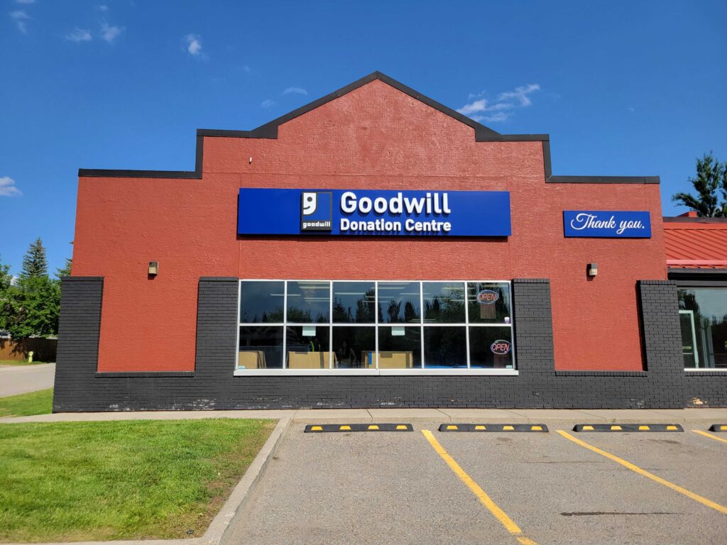 Calgary McKenzie Goodwill Donation Centre exterior entrance doors.