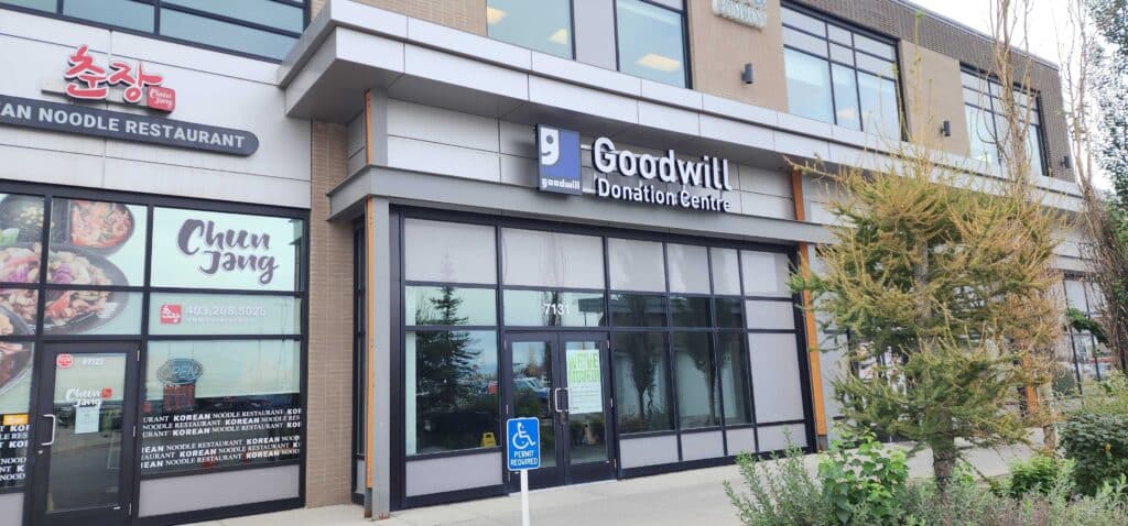 Calgary Royal Oak Goodwill Donation Centre exterior entrance doors.