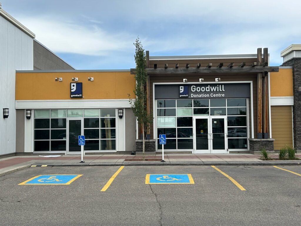 Calgary Evanston Goodwill Donation Centre exterior entrance doors.