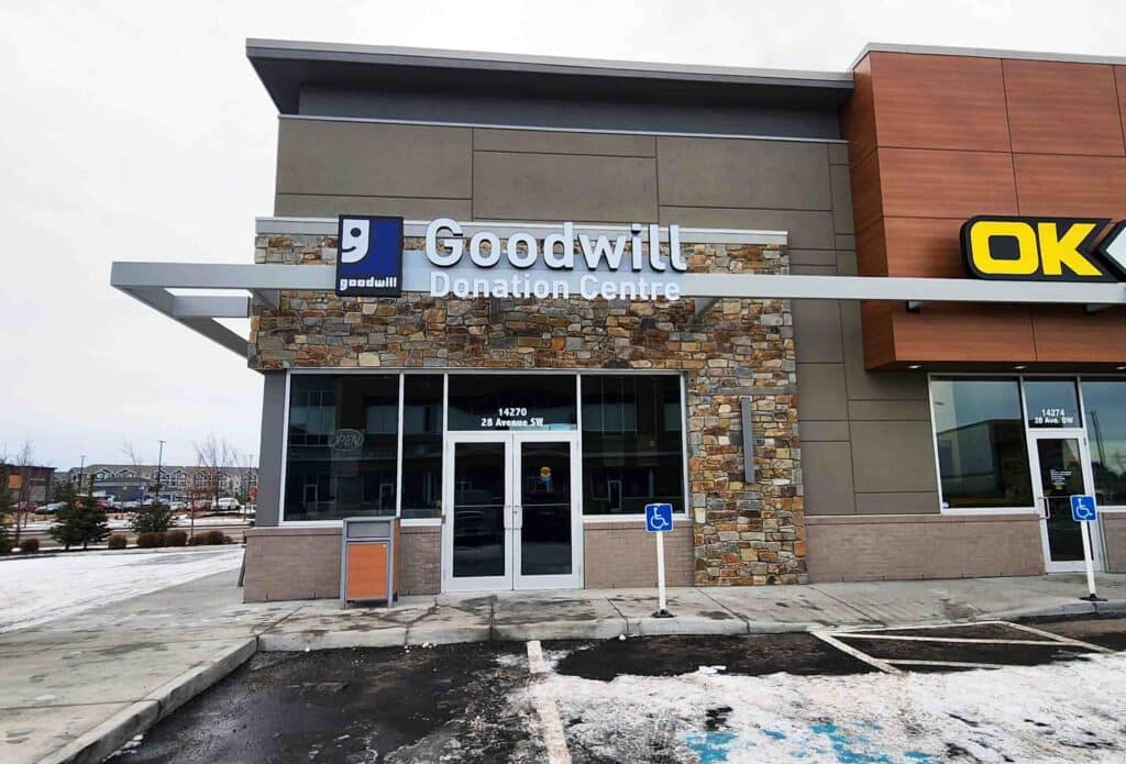 Edmonton Jagare Ridge Goodwill Donation Centre exterior entrance doors.