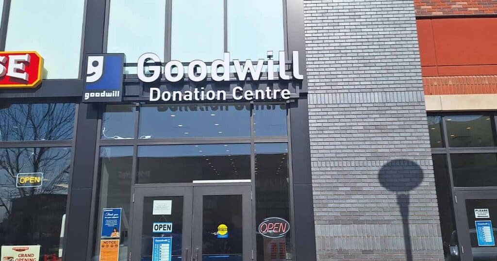 Edmonton Griesbach Goodwill Donation Centre exterior entrance doors.